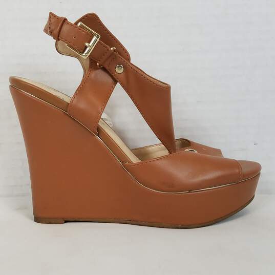 Nine West Wedge Sandal Peep Toe Women Heels   Size 7  Color Tan Brown image number 1