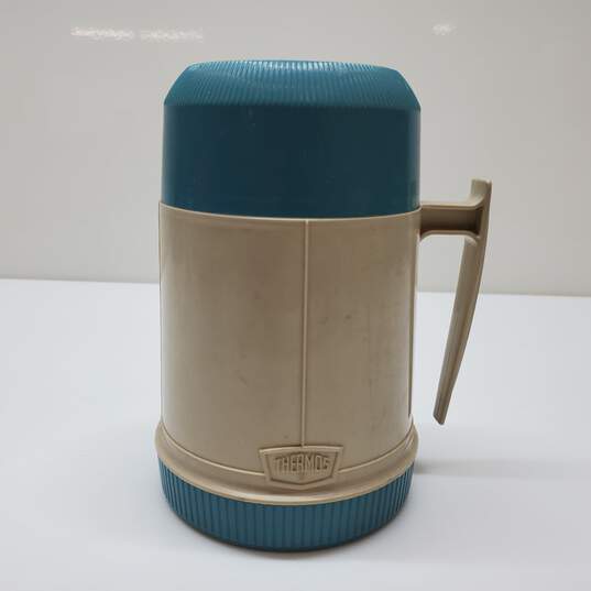 Vintage Thermos Model #6002 Wide Mouth Blue & Tan Thermos image number 2