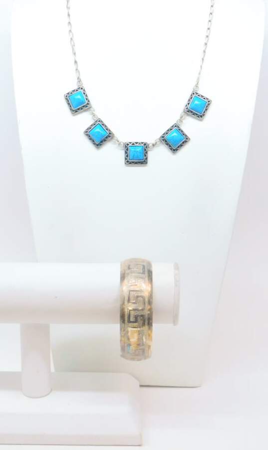 Vintage 925 Faux Turquoise Necklace & Greek Key Cuff Bracelet 35.5g image number 1
