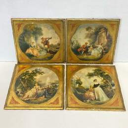 Lot of 4 Renaissance Prints on Wood Panel by N. Lancret & J.B. Hilair
