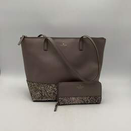 Womens Gray Leather Sparkle Double Handle Inner Pockets Tote Bag With Wallet