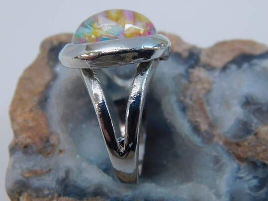Artisan Silvertone Floral Dichroic Art Glass Pendant Orange Ribbon Necklace Matching Drop Earrings & Band Ring 40.8g image number 6