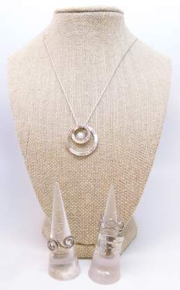 Didae Israel & Artisan 925 White Pearl Hammered Loop Pendant Necklace & Textured Wrap Wavy Lines & Spirals Rings 17.7g