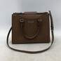 Guess Womens Brown Leather Signature Print Zipper Pockets Satchel Bag Purse image number 1