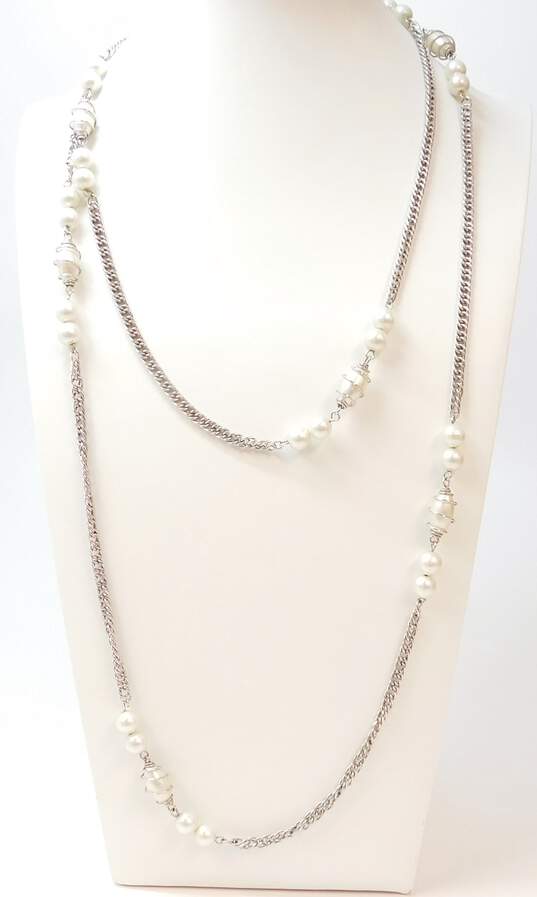 Vintage Sarah Coventry & Monet Silvertone Faux Pearls Curb Station & Herringbone Chain Layering Necklaces & Abstract Brooch 65.4g image number 3