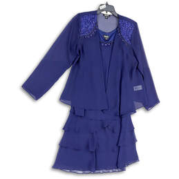 NWT Womens Blue Round Neck Embellished Tiered Shift Dress With Jacket Sz 12
