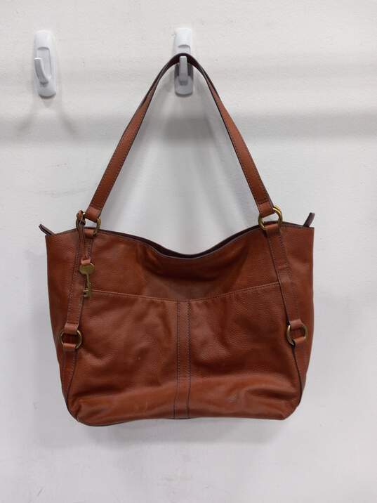 Fossil Pebble Grained Patter Brown Tote Handbag image number 2