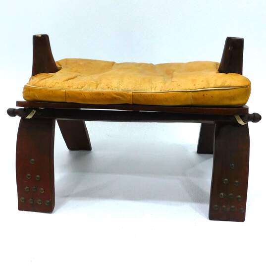 Vintage Wood & Leather Cushion Camel Saddle Foot Stool Home Decor image number 7