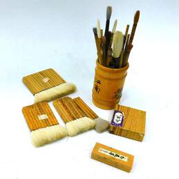 VNTG Japanese Sumi Painting Bamboo Hake Brushes Watercolor Art Tools Ink Stone