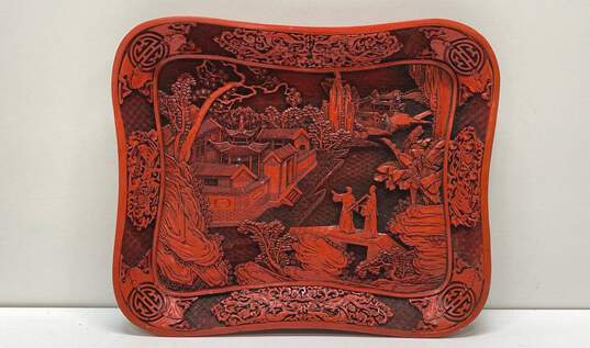 Vintage Oriental Faux Cinnabar 14 x 12 Decorative Carved Red Tray image number 1