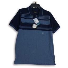 NWT Celsius Mens Navy Blue Striped Spread Collar Short Sleeve Polo Shirt Size M