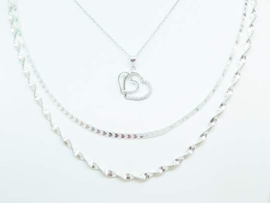 Bright Sterling Silver CZ Heart Pendant Herringbone Twisted Chain Necklaces 17.3g image number 1