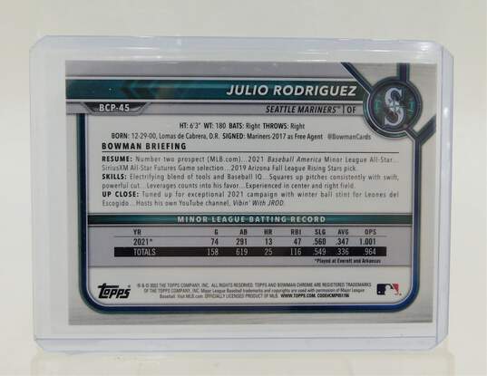 2022 Julio Rodriguez Bowman Chrome Rookie Seattle Mariners image number 2