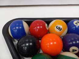 SET OF POOL BALLS AND 2 TYPES OF RACKS Q BALL IS CHIPPED alternative image