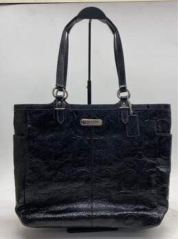 Coach F19818 Stripe Stitched Patent Black Leather Tote Handbag