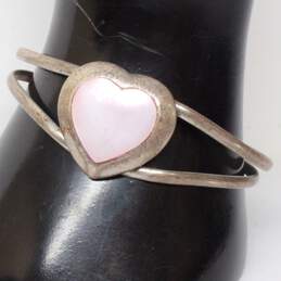 Artisan Han Signed Sterling Silver Mother Of Pearl Heart Cuff Bracelet alternative image