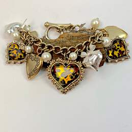 Designer Betsey Johnson Gold Silver Tone Leopard Print Hearts Charm Bracelet