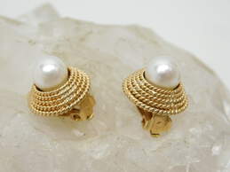 14K Gold White Faux Pearl Rope Dome Clip On Earrings 7.7g alternative image