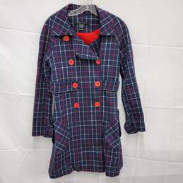 Marc By Marc Jacobs WM's Double Breasted Blue Plaid Wool Coat Size 1