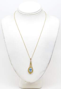 10K Yellow Gold Blue Glass Ornate Pendant Necklace 1.8g