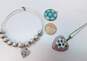 Artisan 925 Flowers & Hearts Art Glass Pink Heart & Blue Circle Pendants Necklace & Lil Sis Charm Ball Beaded Bangle Bracelet 21.8g image number 4