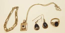 Artisan 925 Geometric Black Enamel Jewelry w/ Figaro Chain Bracelet 32.5g