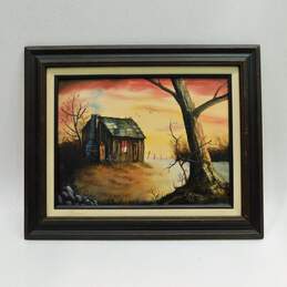 Artist E. Tiffany Signed Cabin In The Woods Oil Painting Vintage Framed Art