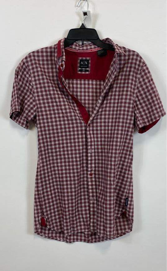 Armani Exchange Mens Red Cotton Plaid Slim Fit Short Sleeve Button Up Shirt Sz M image number 1