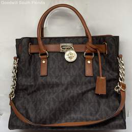 Michael Kors Womens Hamilton Brown Monogram Leather Bag Charm Satchel Handbag