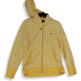 Tommy Hilfiger Womens White Yellow Striped Long Sleeve Full-Zip Hoodie Size L