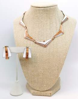 Renoir & Matisse Copper MCM White Enamel Panels Necklace & Curved Clip Earrings