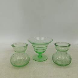 VNTG Pair Of Green Floral Pattern Depression Glass Vases W/ Princess House Dish