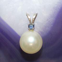 14K White Gold Blue Topaz Accent Pearl Pendant