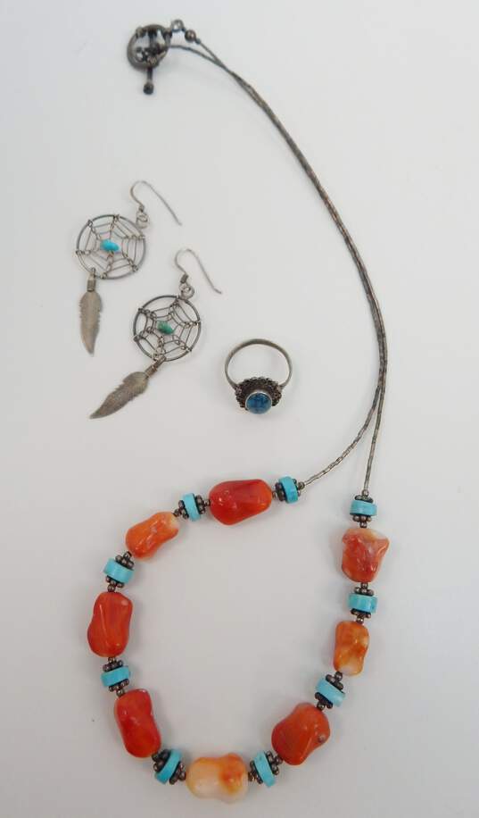 Southwestern 925 Turquoise & Coral Bead Necklace Dream Catcher Earrings & Ring image number 1