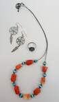 Southwestern 925 Turquoise & Coral Bead Necklace Dream Catcher Earrings & Ring image number 1