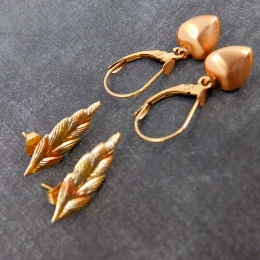 14K White Yellow & Rose Gold Puffed Heart Drop & Feather Post Earrings 1.5g image number 1