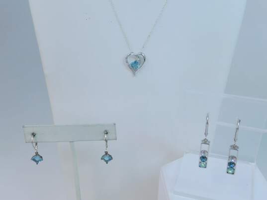 Contemporary 925 Faceted Blue Glass & Cubic Zirconia Heart Pendant Necklace & Aqua & Rhinestones Bar Drop Earrings 6.6g image number 1