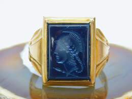 Vintage 10K Gold Carved Warrior Intaglio Onyx Rectangle Statement Ring 6.7g