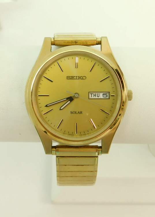 Vintage Seiko Solar Gold Tone Day Date Men's Dress Watch 65.9g image number 1