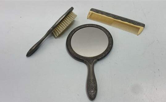 Decorative Vintage Silver Plate Brush, Mirror and Comb Vanity Table Top Décor image number 1