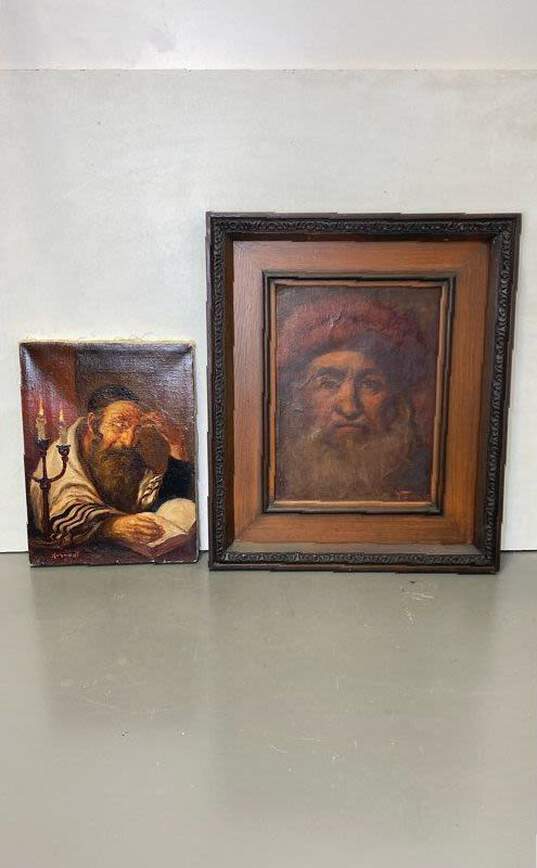 Lot of 2 Portraits of Rabbi and Philosopher Oil on canvas by Kunhert Signed. image number 1
