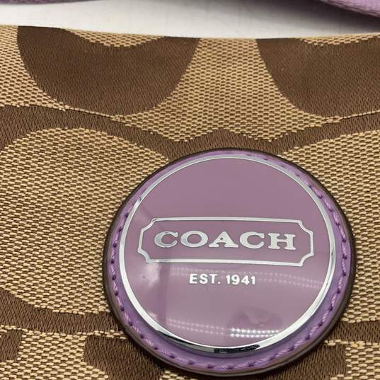 Coach Womens Purple Tan Signature Print Adjustable Strap Crossbody Bag Purse image number 4