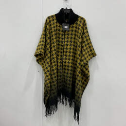 NWT Womens Black Yellow Houndstooth Fringe Poncho Sweater One Size