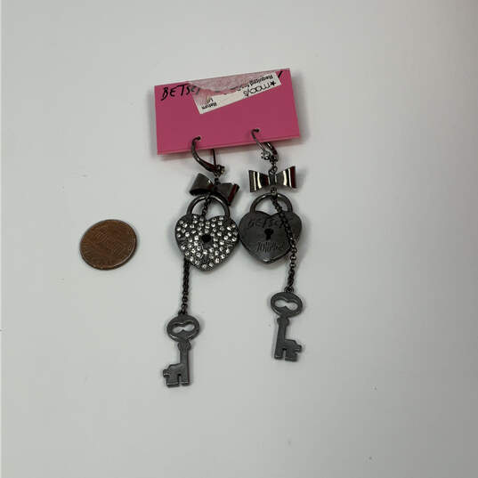 Designer Betsey Johnson Silver-Tone Heart Lock Bow Key Dangle Earrings image number 4
