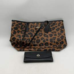Coach Womens Tote Bag Animal Print Double Strap Black Brown Leather And Wallet