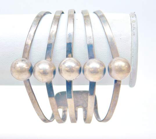 Signed W 925 Modernist Dome Orbs Split 5 Bands Wide Cuff Bracelet 29g image number 2