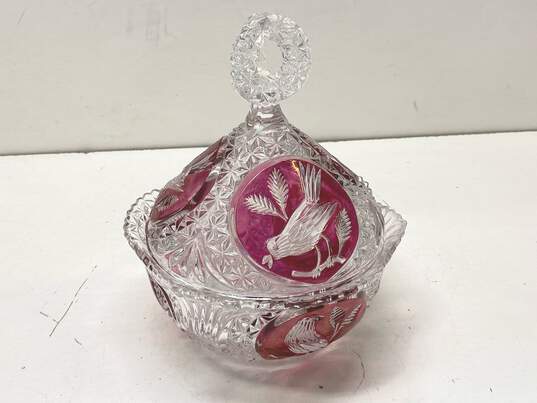 Hofbauer Crystal Candy Dish 9 inch Tall Cut Glass Bird Motif Vintage Glass image number 4