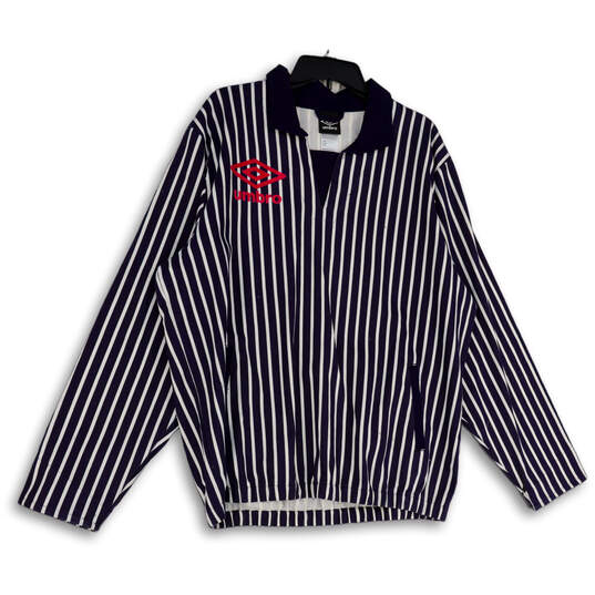 Mens Blue White Drill Striped Long Sleeve Collared Pullover Sweatshirt Sz L image number 1