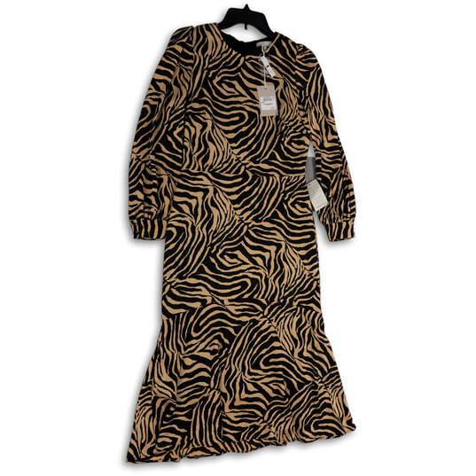 NWT Womens Black Tan Zebra Print Long Sleeve Round Neck Sheath Dress Sz S image number 1