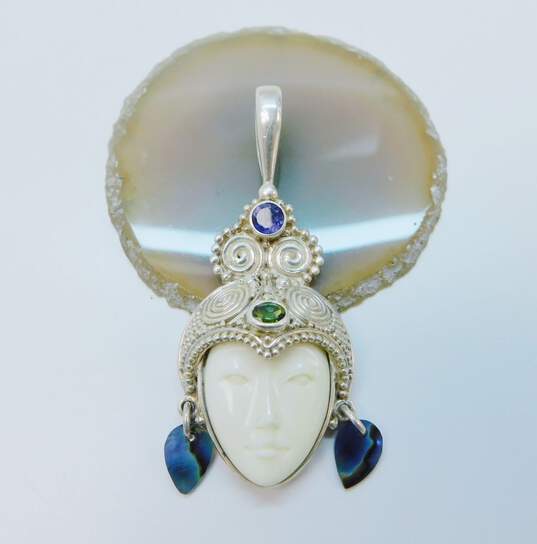 Sajen 925 Goddess Face Faceted Iolite & Green Tourmaline & Abalone Charms Spirals Granulated Crown Pendant 21g image number 1